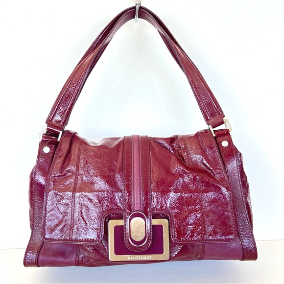 JILL STUART Burgundy Patent Leather Silver Hardware Spacious Shoulder Bag Tote - Picture 1 of 15
